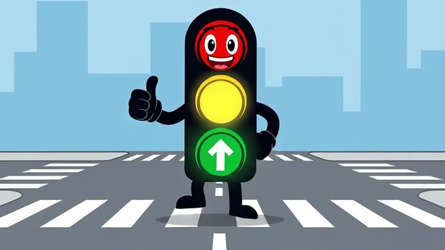 Happy Traffic Light Character Giving Thumbs Up on Crosswalk.