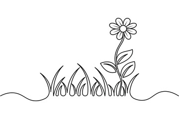 Grass and flower one line drawing minimalist style outline vector illustration
