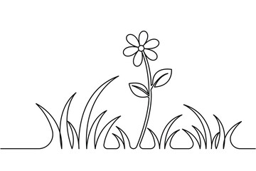 Simple grass and flower continuous line art on white background design
