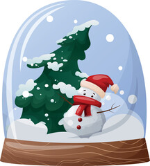 cute cartoon snow globe with a snowman and a Christmas tree in the snow. Winter, snow, decor.