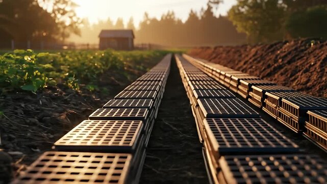 Rows of stackable trays stretching out into a sunlit field with a small hut