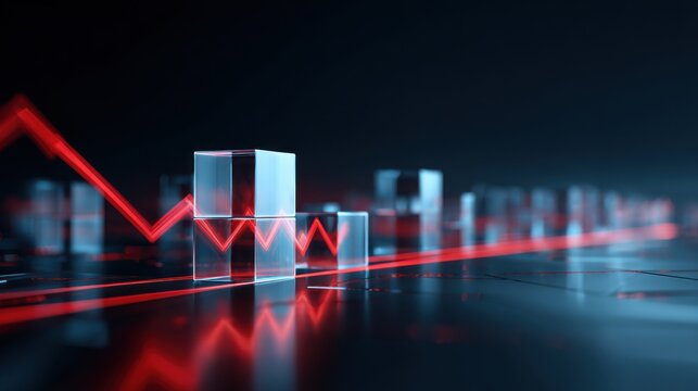 abstract digital scene with glowing glass cubes and a red rising line, symbolizing data growth, analytics, and financial success, futuristic
