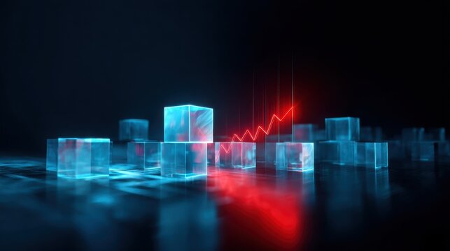 abstract digital scene with glowing glass cubes and a red rising line, symbolizing data growth, analytics, and financial success, futuristic