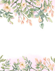Delicate floral template, frame with beige freesia, leaves of pistachio, eucalyptus illustration, pink watercolor stain. Pastel spring composition with empty space isolated from background for text