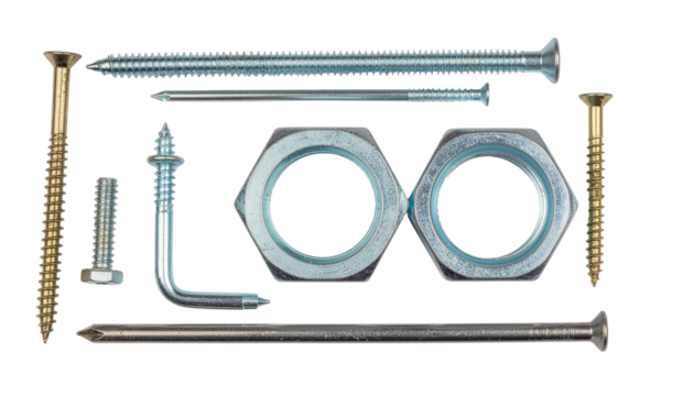 Nails, screw, bolt, and nut hardware set isolated on solid white background in Png