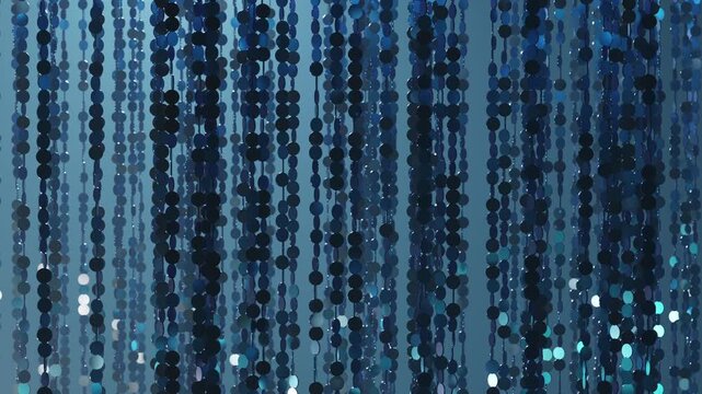 Sparkling blue sequins curtain shimmering at night