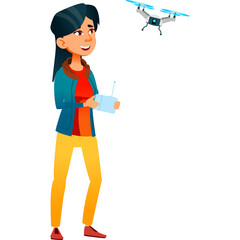 Young Woman Operating a Small Drone Outdoors With a Remote Control Device in Casual Clothing Holding Transmitter Device Close Up View