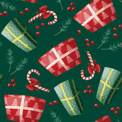 seamless pattern featuring a Christmas cane, colorfully wrapped gifts, cranberries, spruce branches on green background.