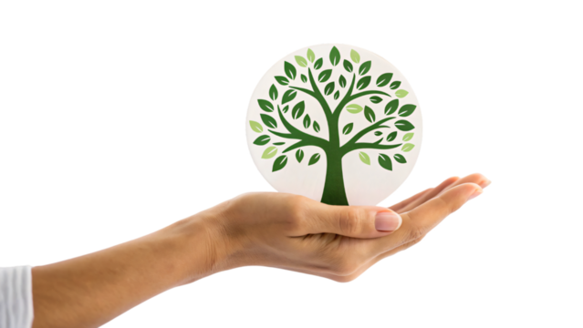 hands gently hold a small green seedling icon, symbolizing growth, ecology, and the concept of environmental care and protection