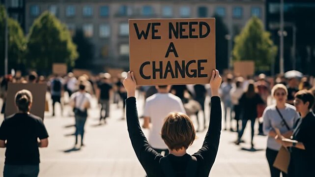Back view of demonstrator holding sign 'We need a change' amidst blurred crowd