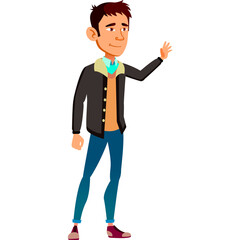 Young Man With Brown Hair And Jacket Waving Hello Isolated On Transparent Background