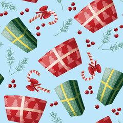 seamless Christmas pattern featuring Christmas cane, colorfully gifts, cranberries, spruce branches