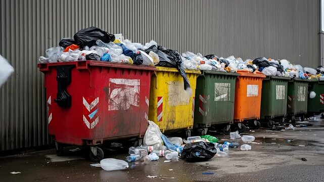 A line of colorful, overflowing dumpsters spills trash onto a wet concrete surface