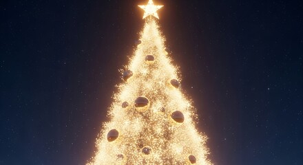A tall illuminated christmas tree adorned with golden lights and ornaments topped with a bright star against a dark night sky