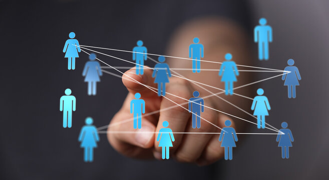 Hand pointing at digital connections, symbolizing teamwork, technology, internet, and social media. Concepts of communication and future possibi - Powered by Adobe