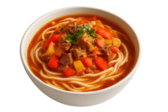 White bowl holds noodle soup with beef, red and yellow peppers, carrots, potatoes, in rich savory broth parsley