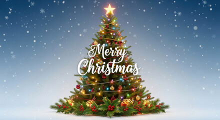 Fototapeta premium Beautifully decorated christmas tree with twinkling lights and merry christmas text in falling snow