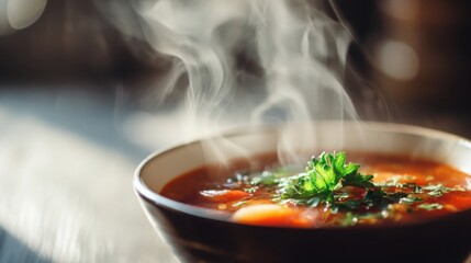 close up of steaming soup garnished with parsley, evoking warmth, comfort, and homemade culinary freshness, soft natural light, shallow depth