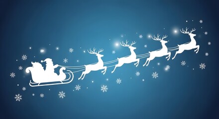 Santa Claus in sleigh pulled by four reindeer flying across a blue snowy night sky.