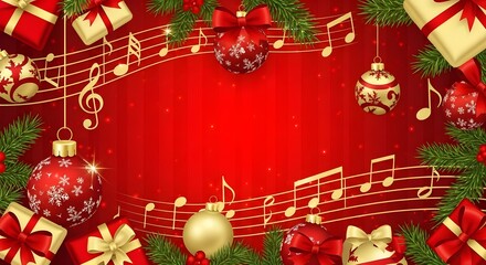 Festive red background adorned with golden musical notes, Christmas ornaments, gift boxes, and pine branches.