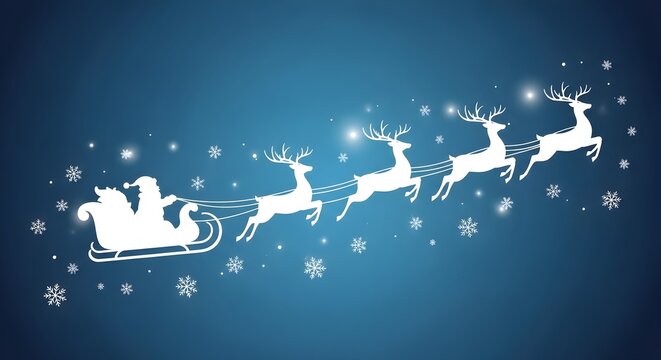 Santa Claus in sleigh pulled by four reindeer flying across a blue snowy night sky.