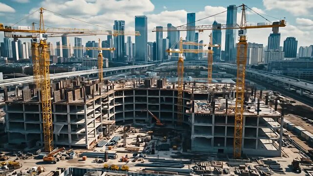 Construction site with yellow cranes against a city skyline and blue, cloudy sky
