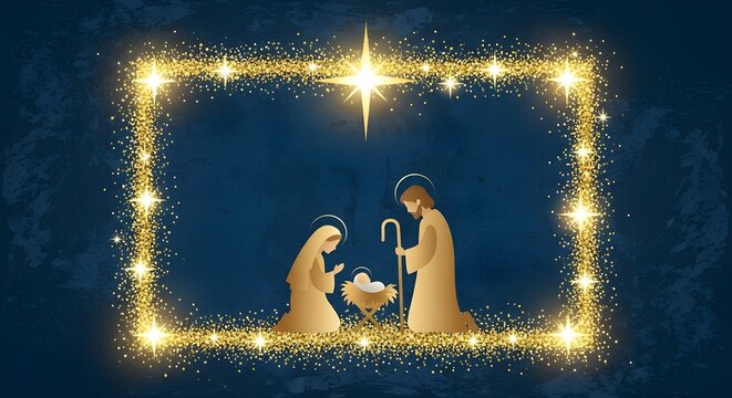 The Nativity scene with Mary, Joseph, and baby Jesus framed by golden glitter. - Powered by Adobe