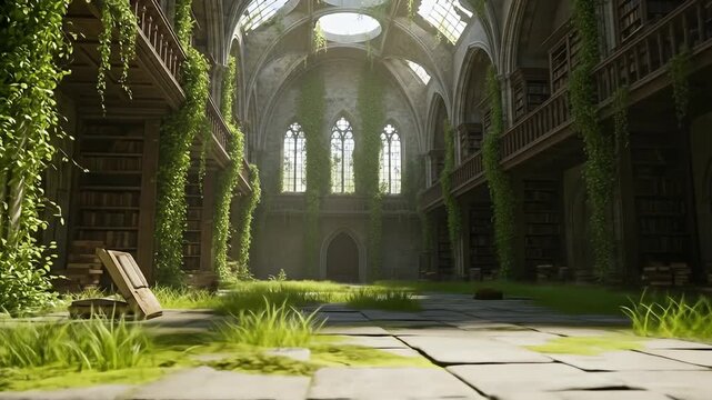 Overgrown library with open book foreground and vines trailing down the architecture