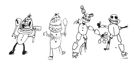 Fan-art doodles featuring characters vector. Four whimsical cartoon robots are depicted, each with a unique design