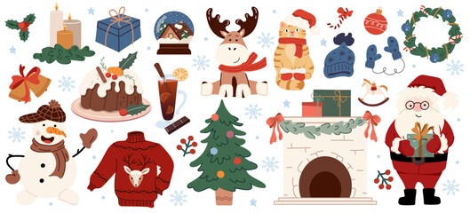 Christmas collection with cute Santa, snowman, reindeer, cat in Santa hat. Winter set of holiday decor elements