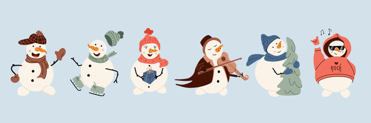 A set of six happy and smiling snowmen in various playful poses and outfits, such as rocker, ice skater, with a gift, with a violin, and with a Christmas tree. Kids winter charackters isolated