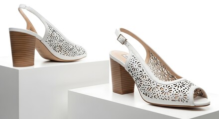 White slingback peeptoe heels with lasercut detail isolated on white background