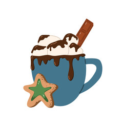 Vector illustration of a cup of hot cocoa with marshmallows drizzled with chocolate syrup, a bar of chocolate and a star-shaped cookie. Perfect for winter and holiday drink designs.