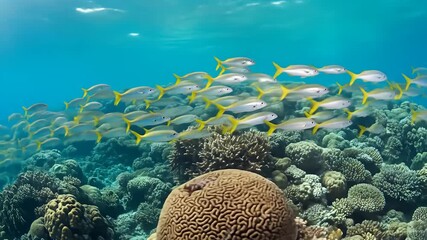 School of silver and yellow fish swim above textured coral in clear blue ocean water - Powered by Adobe