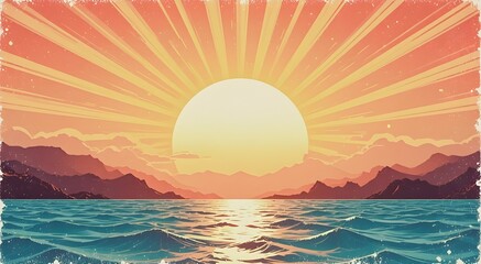 Retro summer sun background.Modern illustration.Vector groovy sunshine wavy rays in vintage grunge design. 70s radial poster.