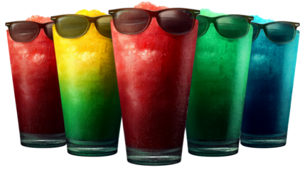 Group of Five Colorful Frozen Drinks with Sunglasses