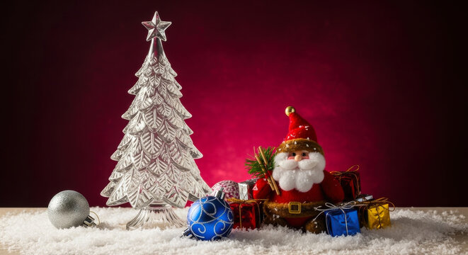 Festive christmas scene with a silver tree santa claus and wrapped gifts on a snowy surface