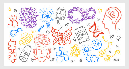 Neurodivergence collection colorful vector illustration with ADHD autism symbols and mental health icons perfect for stickers posters prints cards education and awareness