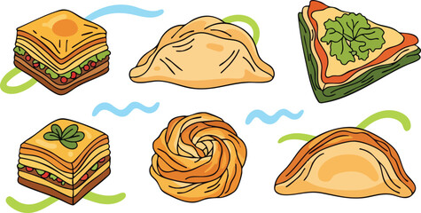 Assortment of Middle Eastern Desserts and Pastries in a Cartoon Style with Wavy Lines Background
