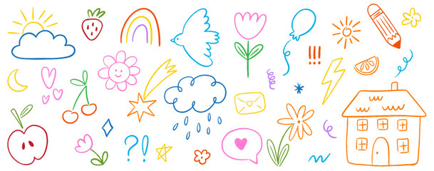Crayon cute kid doodle set. Hand drawn outline scribble cloud, star, house, flower, sun, heart shapes, sun, bird, children elements in sketch style. Vector illustration isolated on white background