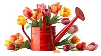 Red watering can overflowing with colorful spring tulips