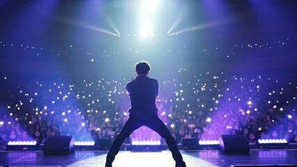 Korean k pop idol man musician singer sing on stage performing live concert. Audience fans with hands raised cheering. Music festival or night event concept. Kpop Korea culture. - Powered by Adobe