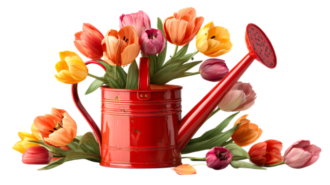 Red watering can overflowing with colorful spring tulips