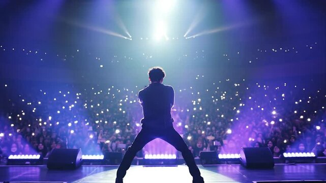 Korean k pop idol man musician singer sing on stage performing live concert. Audience fans with hands raised cheering. Music festival or night event concept. Kpop Korea culture.