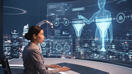 Marketing manager uses a holographic interface to analyze a customer conversion funnel. She works in a futuristic office with robotic arms and a night city view. Panning and tilting shot. - Powered by Adobe
