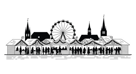 Black and white illustration of a bustling christmas market with stalls and a ferris wheel silhouette