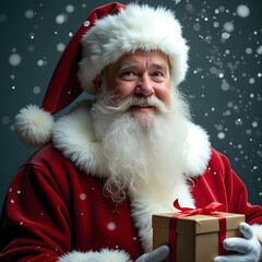 A cheerful Santa Claus with a white beard, holding a wrapped gift. He's wearing a red suit with white fur trim against a snowy background.