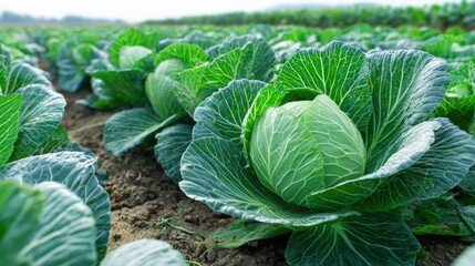 fresh cabbages growing in an agricultural field, natural daylight, vibrant green colors, wide angle perspective, organic farming theme, detailed