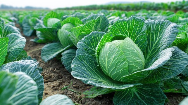 fresh cabbages growing in an agricultural field, natural daylight, vibrant green colors, wide angle perspective, organic farming theme, detailed - Powered by Adobe