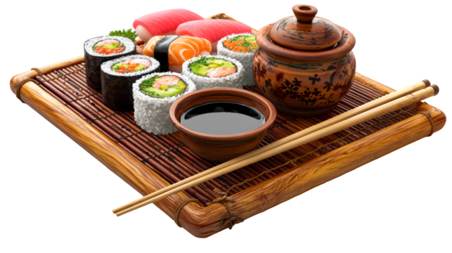 Assortment of sushi and sashimi on bamboo mat with dipping sauce
